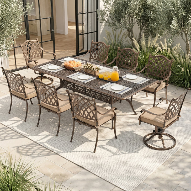 9-Piece Cast Aluminum Outdoor Dining Set, Vintage Patio Furniture for 8 Includes 87" Rectangular Dining Table, 6 Stackable Chairs & 2 Swivel Chairs with Cushions & Umbrella Hole