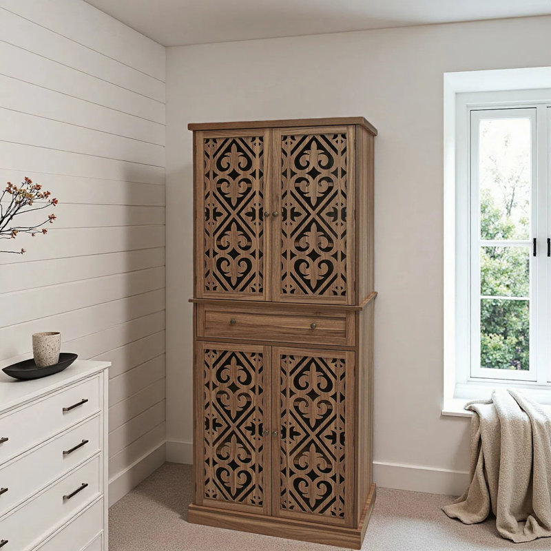 Armoire 4 portes avec tiroir et tablettes réglables, conception symétrique sculptée