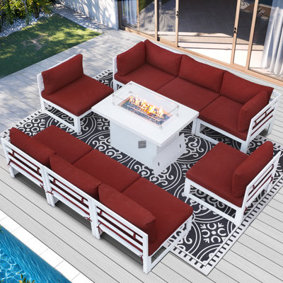Modern 9-Piece Aluminum Patio Conversation Set with Propane Fire Pit Table, 500lb Capacity Heavy-Duty Outdoor Sectional Set with Cushions