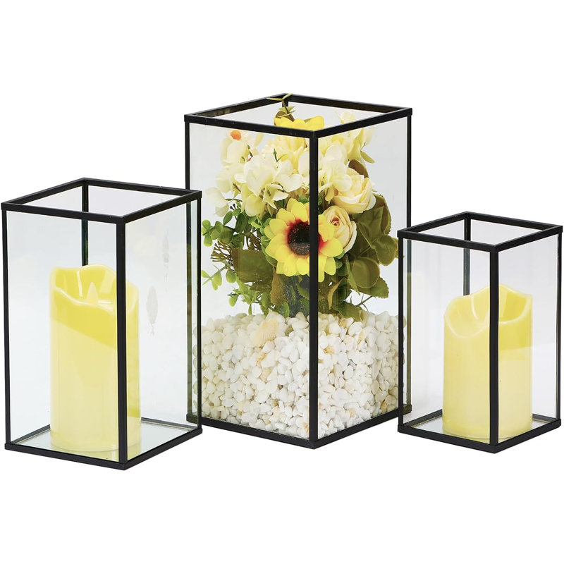 3-piece Black Glass Hurricane Candle Holder Set