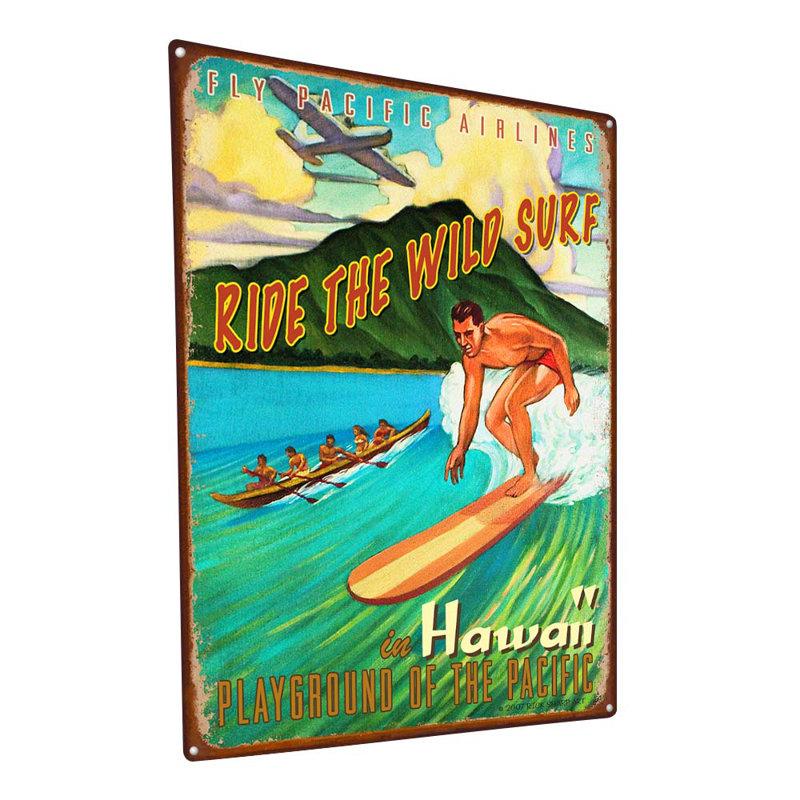 Vintage Ride The Wild Surf In Hawaii sur impression métallique, H 23,2 po x l 17,2 po x P 0,04 po