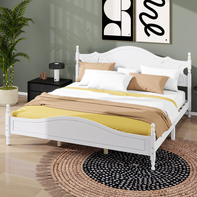 Lit plateforme en bois avec tête de lit, lit plateforme de style rétro avec support en lattes de bois, Blanc