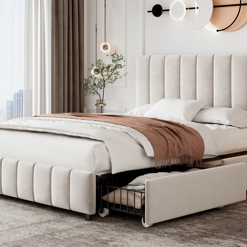 Andros Upholstered Double (4'6) Bed Frame, Beige