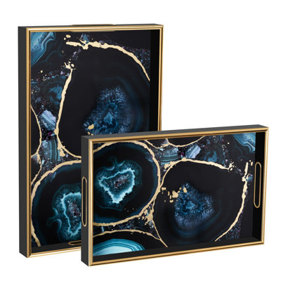 Ensemble de 2 plateaux de service et de présentation empilables Savoy avec plateau en verre (motif Agate)