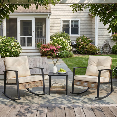 3-Piece Outdoor Rocking Chair Set Rattan Patio Conversation Sets With Table And Cushions