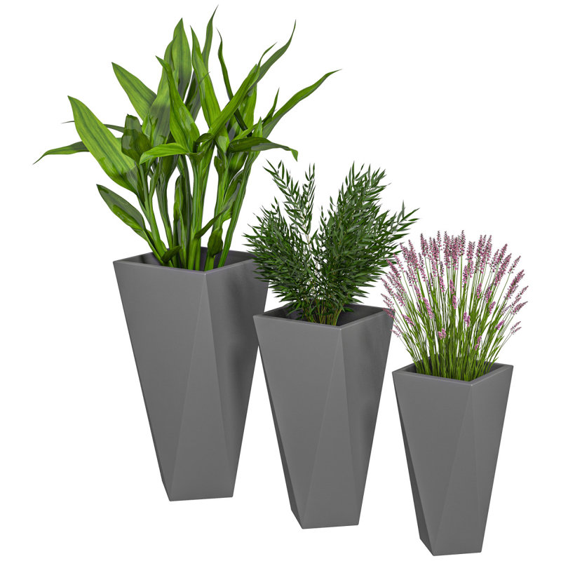 Outsunny Set Of 3 Tall Planters, 28.75", 24.5", 20.5", Mgo Indoor Outdoor Planters With Drainage Holes, Stackable Flower Pots For Garden, Patio, Balcony, Front Door, Gray