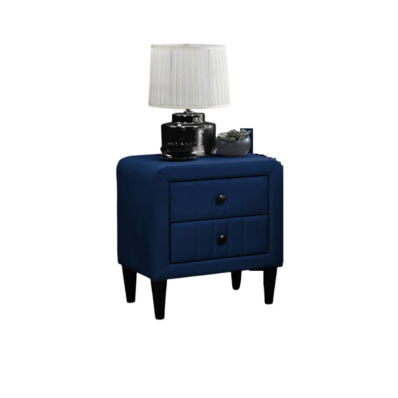 Table de chevet contemporaine en velours bleu marine avec rangement à 2 tiroirs