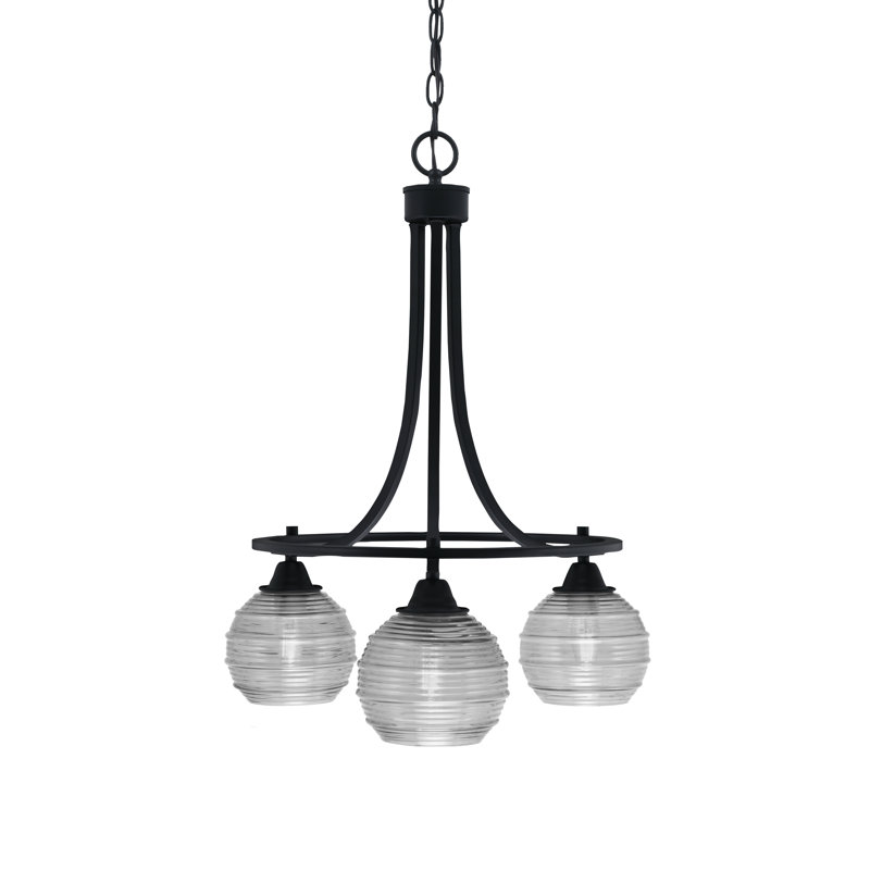 Lustre 3 lumières Paramount illustré en finition noir mat avec verre côtelé transparent de 6 po