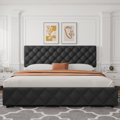 Upholstered Platform Bed Frame with 4 Storage Drawers – Adjustable Button Tufted Headboard – Sturdy Wooden Slats – No Box Spring Needed – King Size, Black(YS188-40)