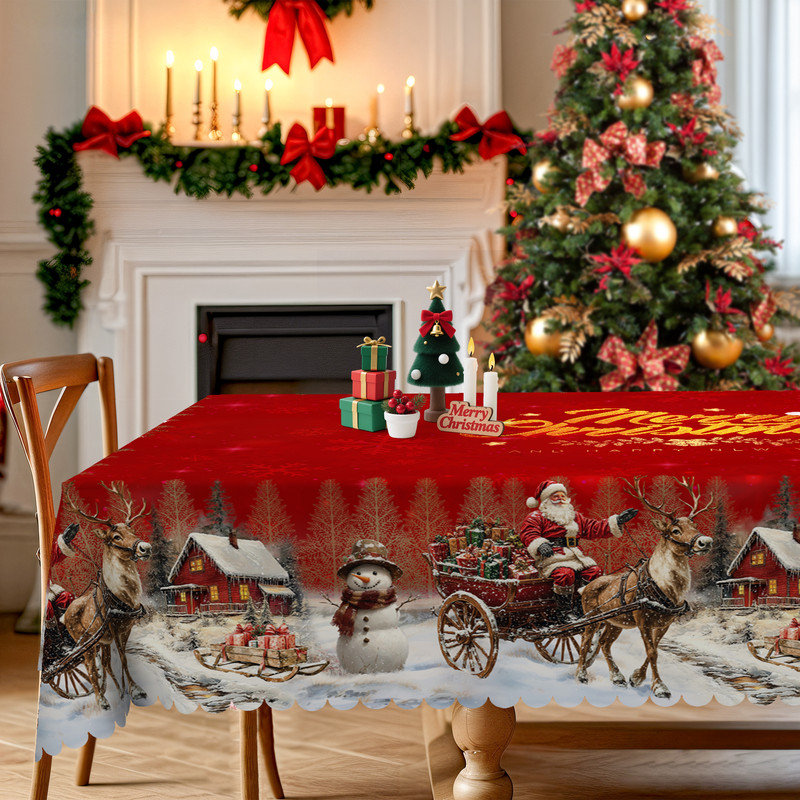 Merry Red Christmas Deluxe Design Washable Polyester Tablecloth, 70.8" L x 55.12" W