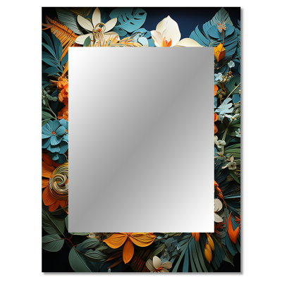 Orange Blue Tropical Tangle II - Abstract Collages Mirror, Modern Unique Wall Mirror, Printed Metal Art