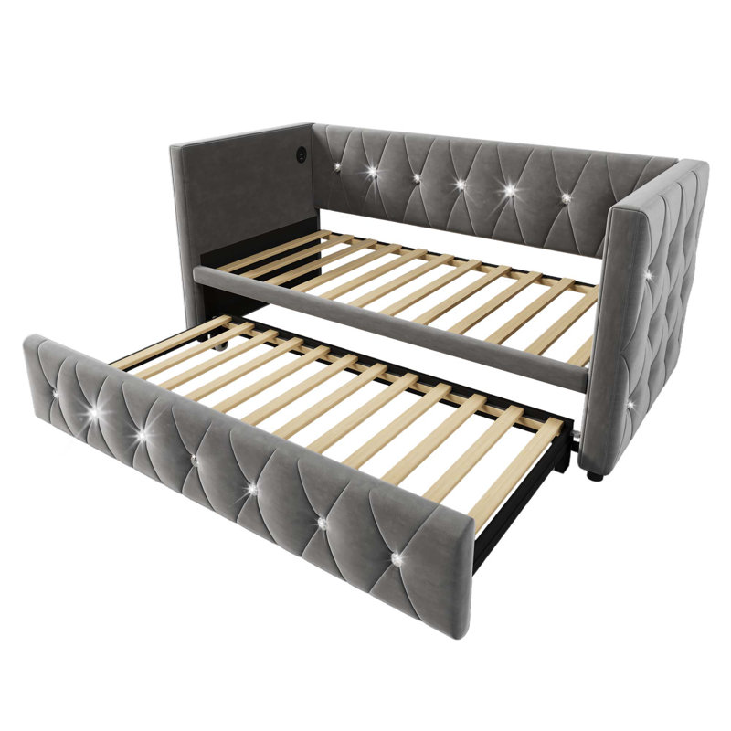 3FT Single Daybed Sofa Bed with Pull-Out Trundle,  Velvet Upholstered Frame, Ideal for Living Room and Bedroom, 90x190cm