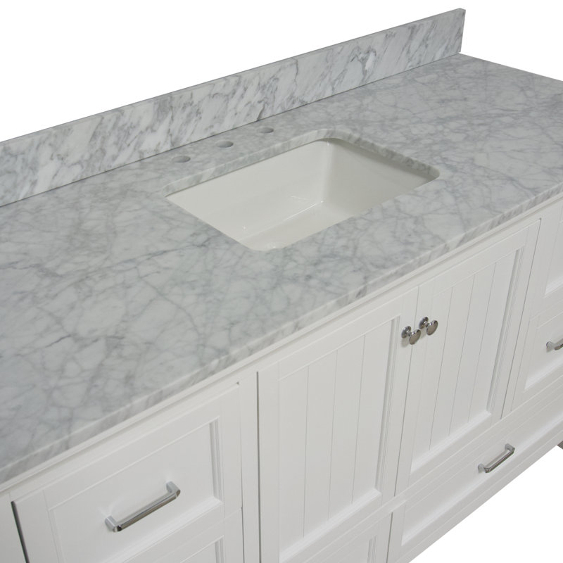 Ensemble de meuble-lavabo simple 60 po avec meuble blanc et comptoir en marbre de Carrare Maven, Blanc