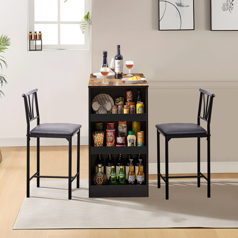 Small Bar Table and Chairs, Tall Kitchen Breakfast Nook with Stools, Dining Set for 2 Person with Storage Shelves for Living Room, Dining Room