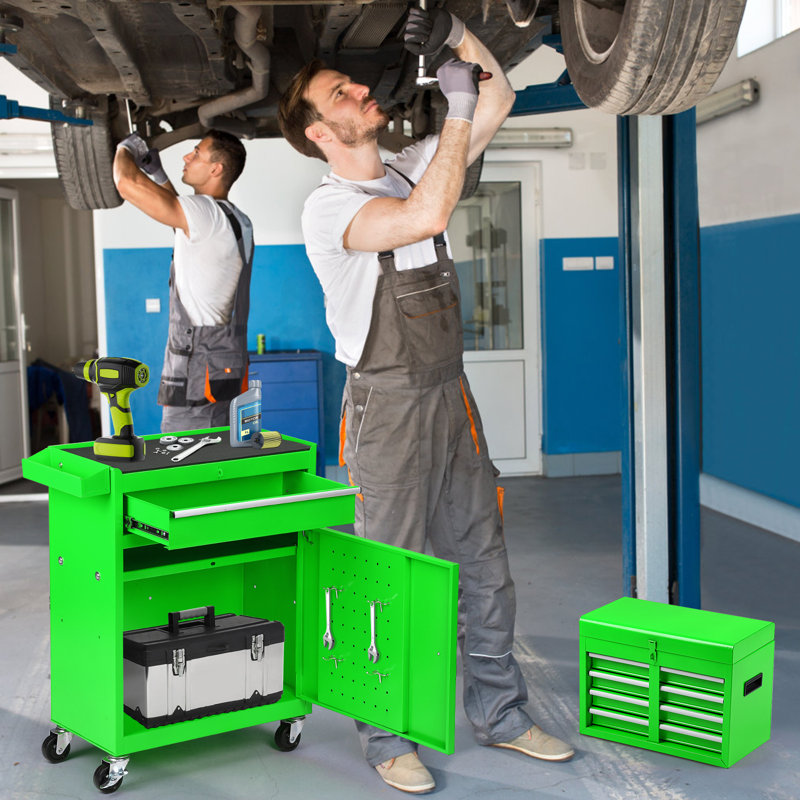  Coffre à outils roulant à 5 tiroirs, coffre à outils supérieur amovible, armoire à outils verrouillable en métal avec roulettes, tablette réglable et doublure pour le rangement de garage, vert