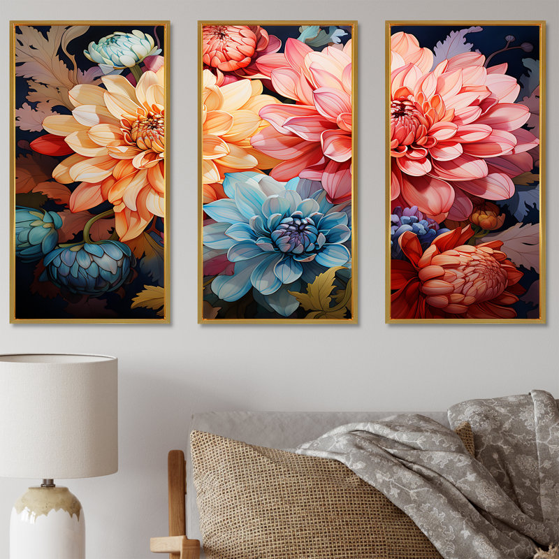 «Mums Burst With Fierce Brushwork Intense Colors I», ensemble d'art sur toile Mums, Cadre flottant doré