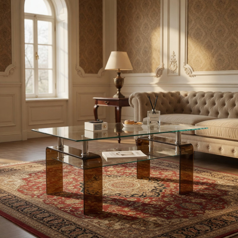 Table basse en verre trempé, table basse moderne en verre pour le salon, table basse à 2 niveaux avec pieds bruns