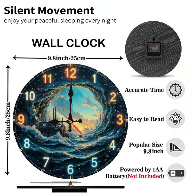 Ocean Waves Clock Surreal Sunset Cityscape Art