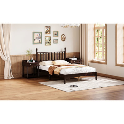 Lit pleine grandeur en bois avec tête de lit en forme de gourde, couleur noyer, et stable, sans sommier, lattes encastrées de 79 po x 57 po x 45 po