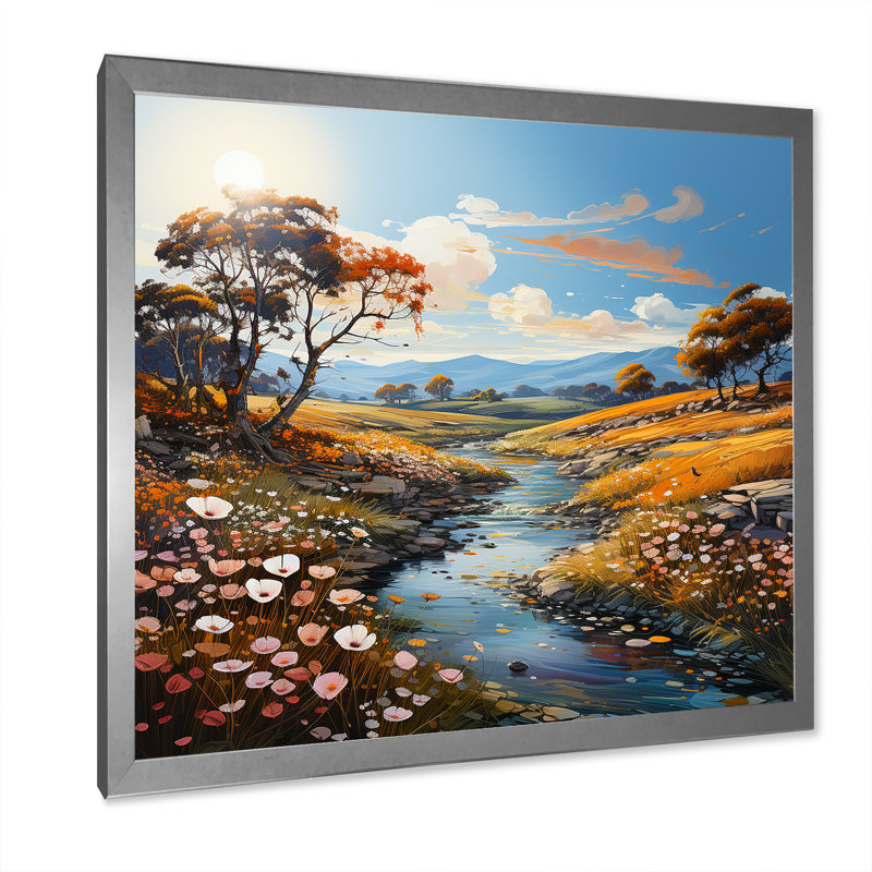 «River Meadow Charm», art liquide I, Cadre simple argenté, H 36 po x l 36 po x P 1,5 po