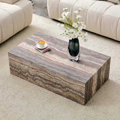 Table basse rectangulaire en MDF à motif de marbre, stable, imperméable et facile à nettoyer, table basse moderne et minimaliste pour salon.