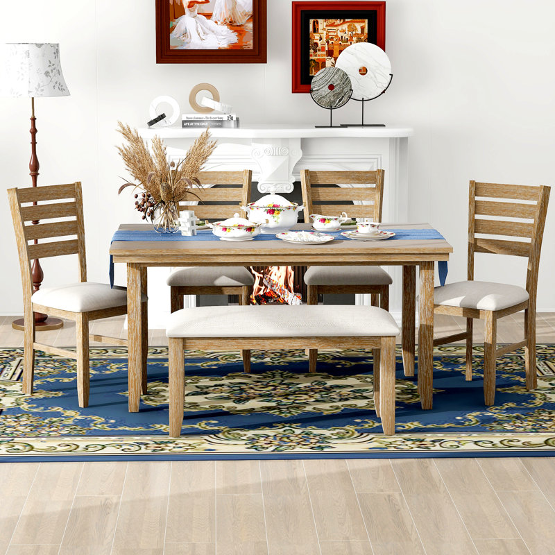 Dining Room Table And Chairs With Bench, Set Of 6, Brown