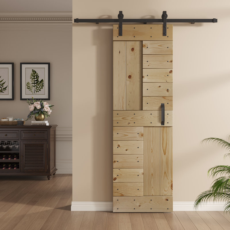Porte de grange à panneaux en bois S Series avec trousse de quincaillerie d'installation, Sans finition, 30 po x 84 po