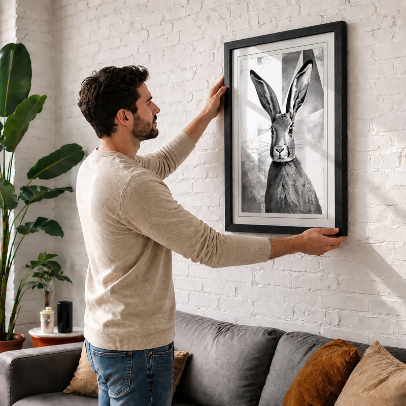 Hare in Ink Japandi - Framed Print, A2 - 59.4 x 42.0 cm, Black