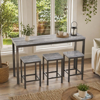 Table de salle à manger de cuisine moderne, table de pub, ensemble de table de salle à manger longue avec 3 tabourets, assemblage facile, gris