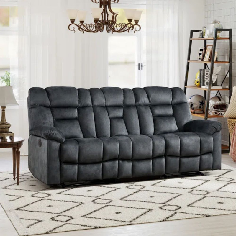 Modern 3-Seat Manual Reclining Sofa With Soft Upholstery & Overstuffed Cushions, Greenish Gray