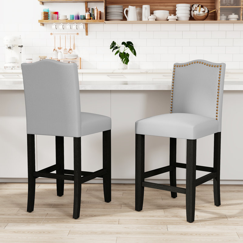 Pu Leather Upholstered Wooden Counter Height Bar Stools With Nailheads And Rubber Wood Legs For Home Kitchen And Restaurant