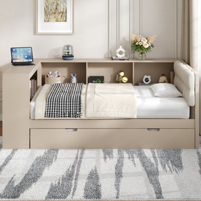 Wood Twin Platform Bed with Trundle, Storage Shelves & Charging Station — Upholstered Headboard, Gray by Hokku Designs