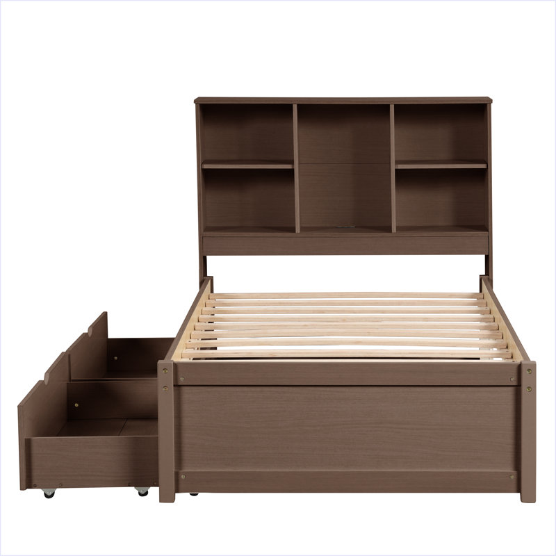 Modern Twin Size Bed Frame With Built-In USB Port On Bookcase Headboard And 2 Drawers, Walnut