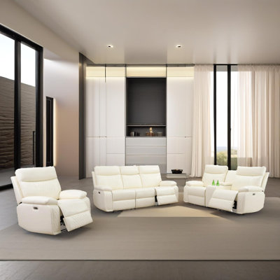 Victoria  White Vegan Leather 3-Pieces  Reclining  Sectioanal Living Room Sofa Set With Cup-Holders ,Wireless Charging And LED Lights