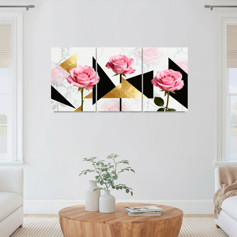 Roses roses avec motifs géométriques dorés et noirs, impression sur toile abstraite moderne (ensemble de 3)