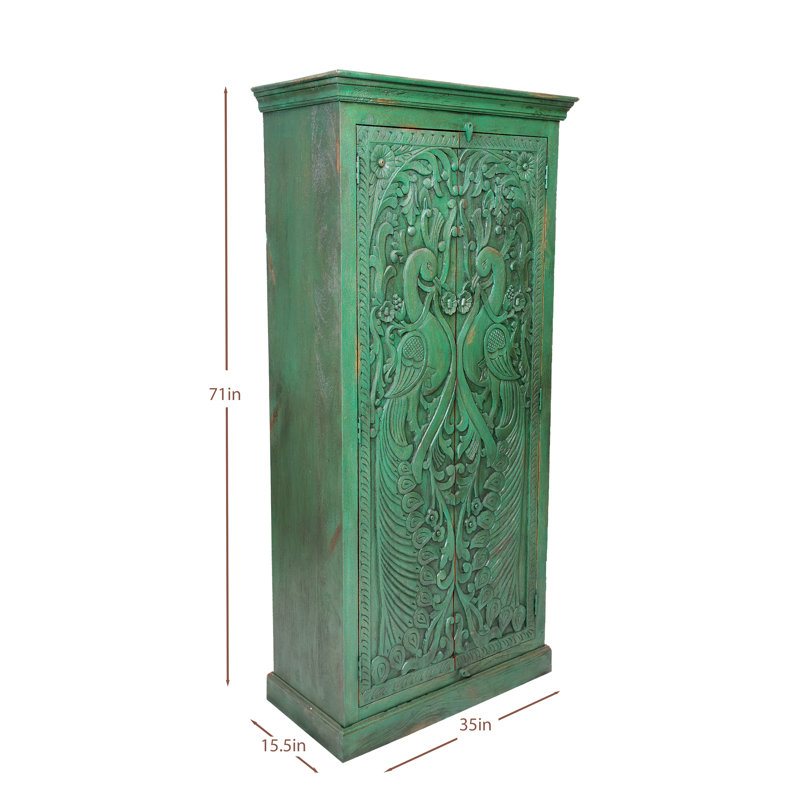 Cameren White Antique Solid Wood Hand Carved 2 Door Peacock Cabinet, Green