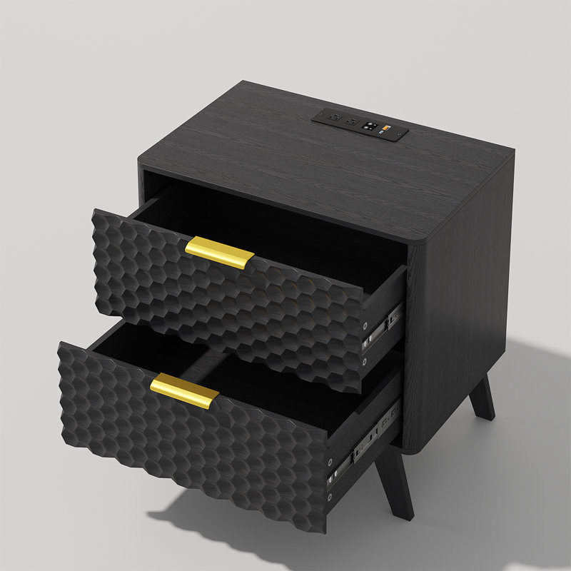 Table de chevet 2 tiroirs 23,6 po avec prises intégrées et lumière à capteur humain, Noir