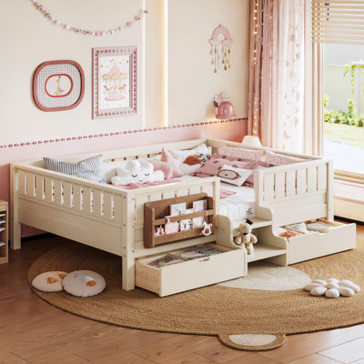 Grand lit de rangement avec tablettes et tiroirs, escalier de sécurité et rails, cadre de lit multifonctionnel, beige
