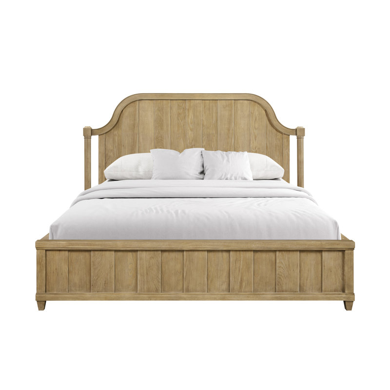 Lit très grand avec finition ton de noix de cajou, fait de placages de haute qualité, tête de lit arquée, détails de moulures subtiles, couleur brun clair, bois massif et 86,86 po de profondeur, 83 de largeur, 60 de hauteur, 212 livres