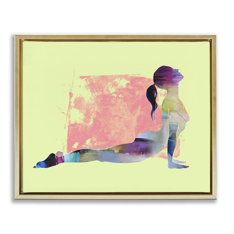 «Yoga Pose on Yellow Gray» par Tim Parker, H 25 po x l 31 po, Cadre flottant métallique doré