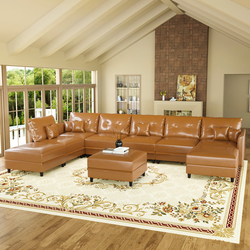 Zendajas 9 - Piece Upholstered Sectional Reversible Modular Corner Sectional with Ottoman, Brown Faux Leather