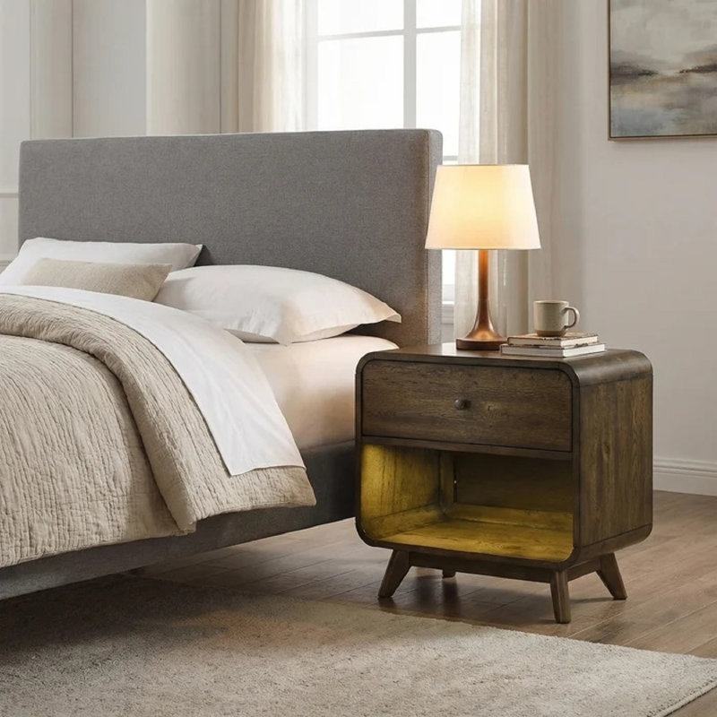Mobilier de chambre à coucher de style Mid-Century moderne avec lumières à glissières latérales en chêne rustique