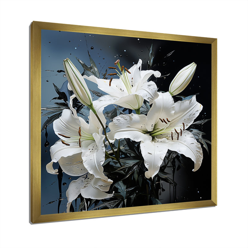 Breloque lis blanc et bleu I, Cadre doré simple, H 24 po x l 24 po x P 1 po