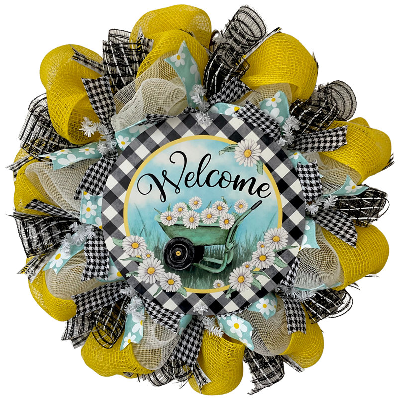 Welcome Wagon avec couronne de printemps ou d'été 24 pouces Daises