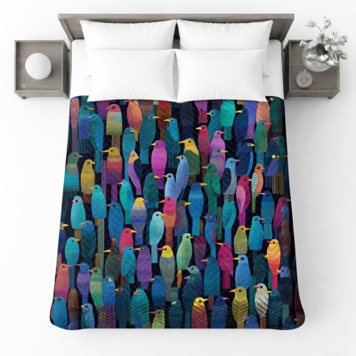 Colorful Birds Illustration Quilted Bedspread All Sizes