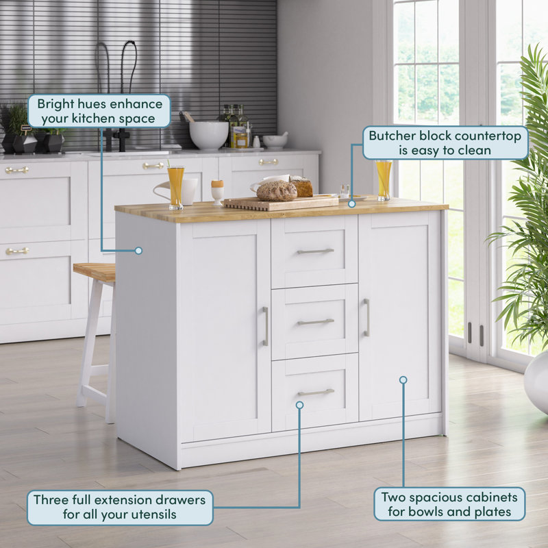 Allycia 45.5'' W Solid and Manufactured Wood Kitchen Island with Butcher Block Top, Brilliant White