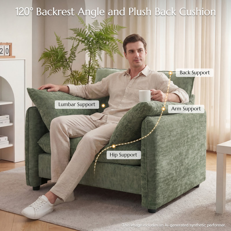  42.1" Oversized Accent Chair, Modern Upholstered Reading Armchair With 33.6" Wide Seat, Comfy Cushion Backrest, 2 Pillows For Living Room, Chenille