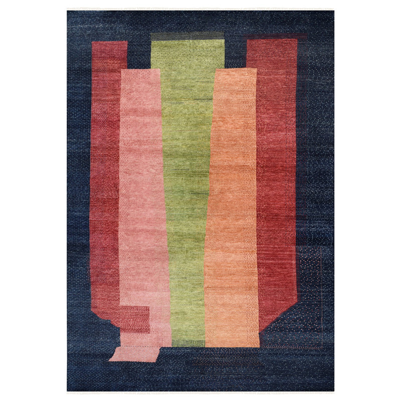 Tapis bleu marine / rouge / vert de haute qualité noué à la main, Rectangle 9 pi x 12 pi