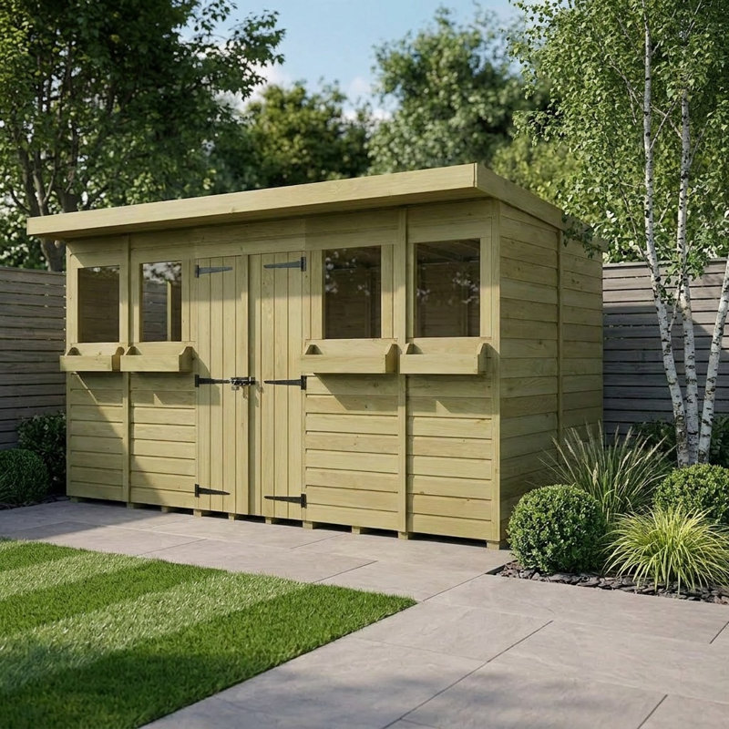 Total Sheds 14ft x 6ft Pent Summer Shed - Toughened Glass External Planters - Pressure Treated Timber - UK Manufactured