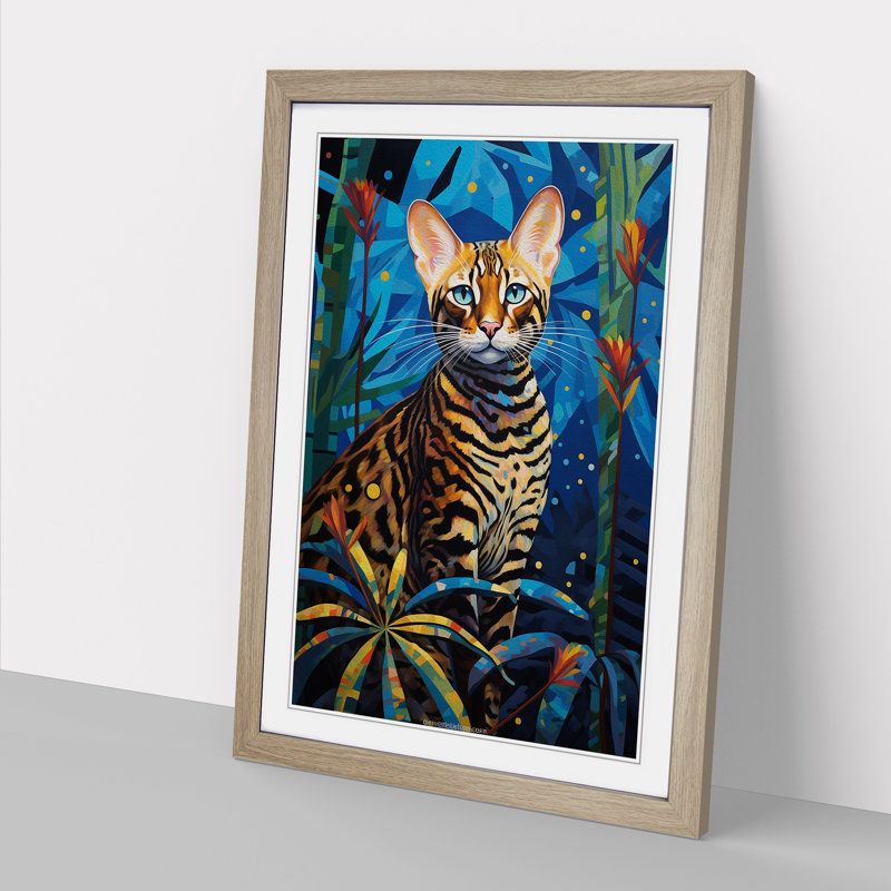 Bengal Cat Art Deco - Single Picture Frame Print on Wood, Oak Framed, 64cm H x 46cm W x 2cm D